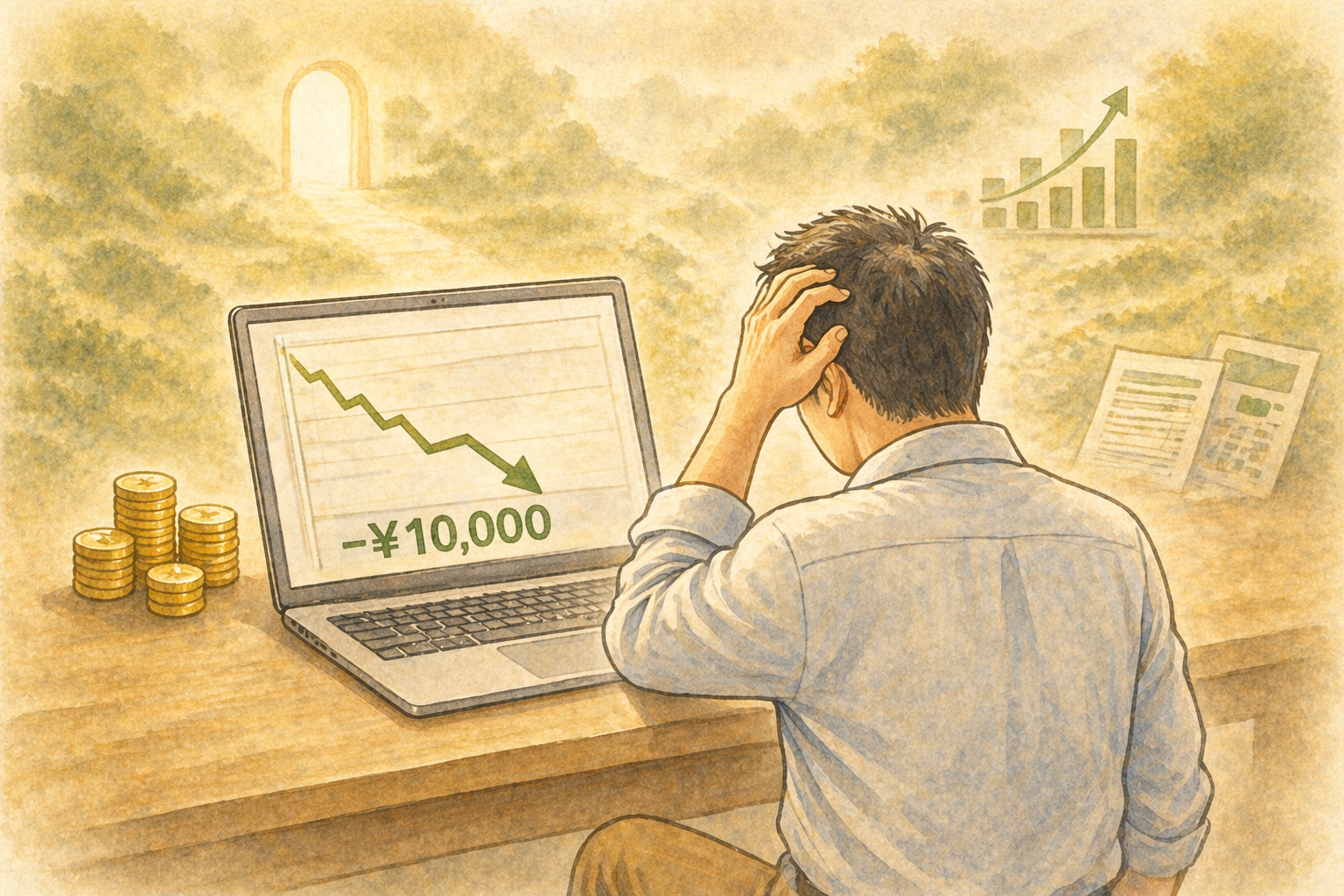 投資を続けるか悩む50代が踏みとどまるイメージ