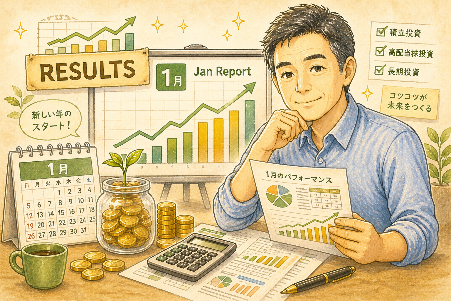 2026年1月の投資記録を振り返る50代のイメージ