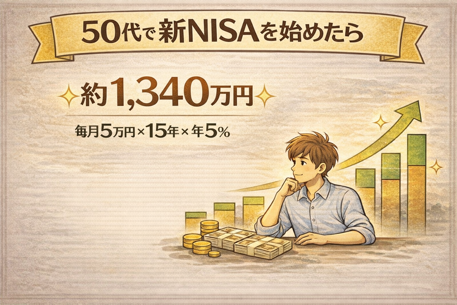 50代で新NISAを始めた場合の15年運用シミュレーション（毎月5万円・年5％想定で約1340万円）