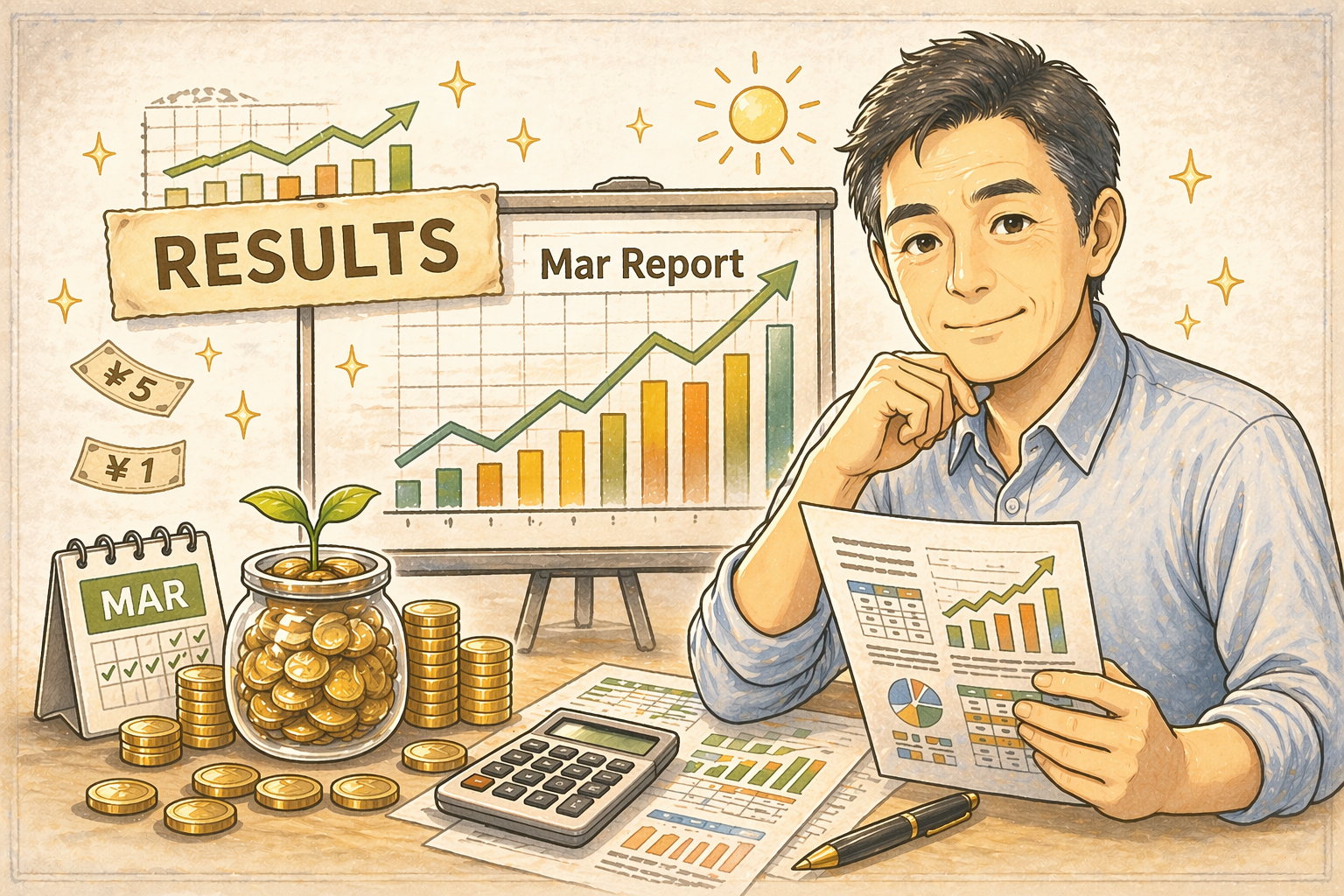 2026年3月の投資記録を振り返る50代のイメージ
