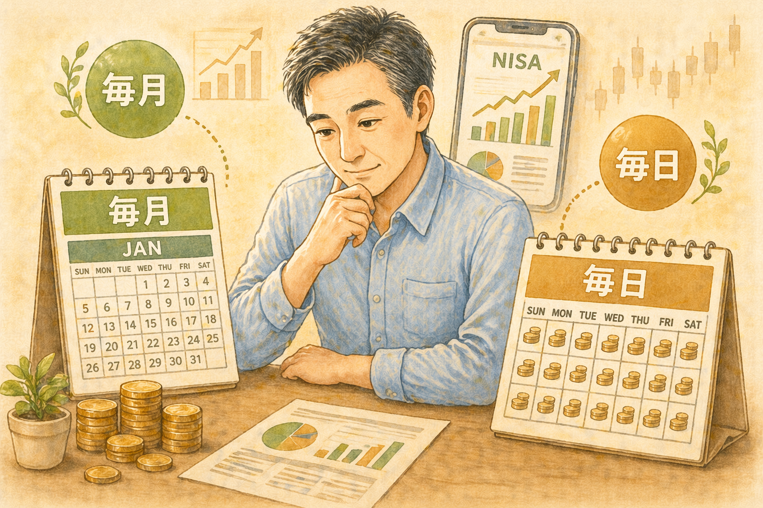 毎日積立と毎月積立を比較するイメージ