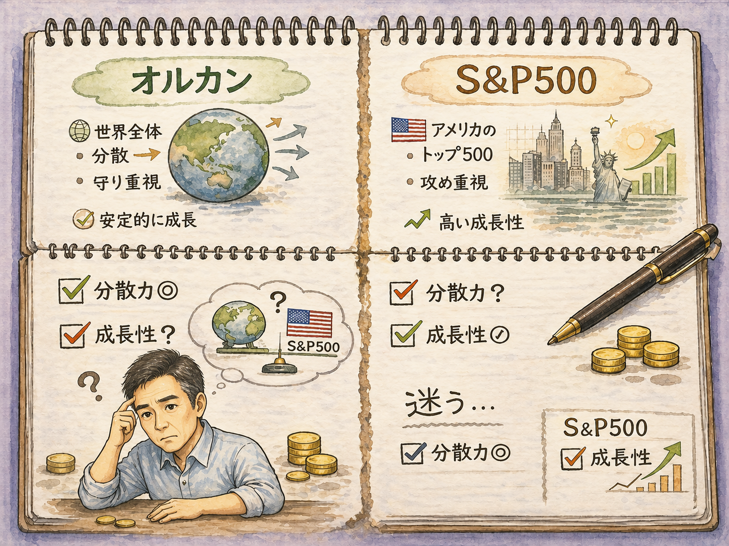オルカンとS&P500を比較して迷う50代投資家のイメージ
