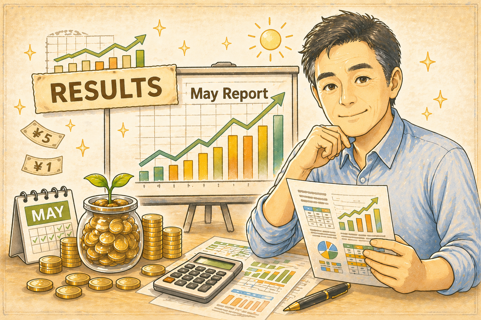 2026年5月のNISA運用記録として、インデックス投資と高配当株の状況を確認する50代男性のイラスト