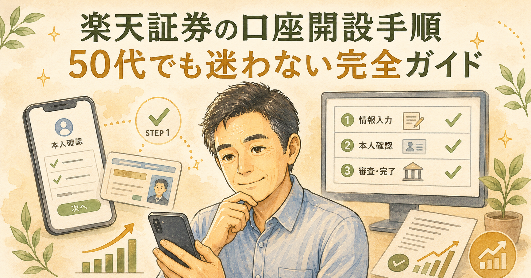 楽天証券の口座開設手順を確認する50代のイメージ