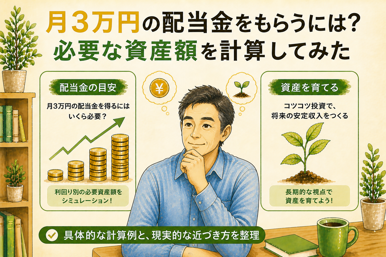 月3万円の配当金に必要な資産額を計算する50代男性と投資イメージ