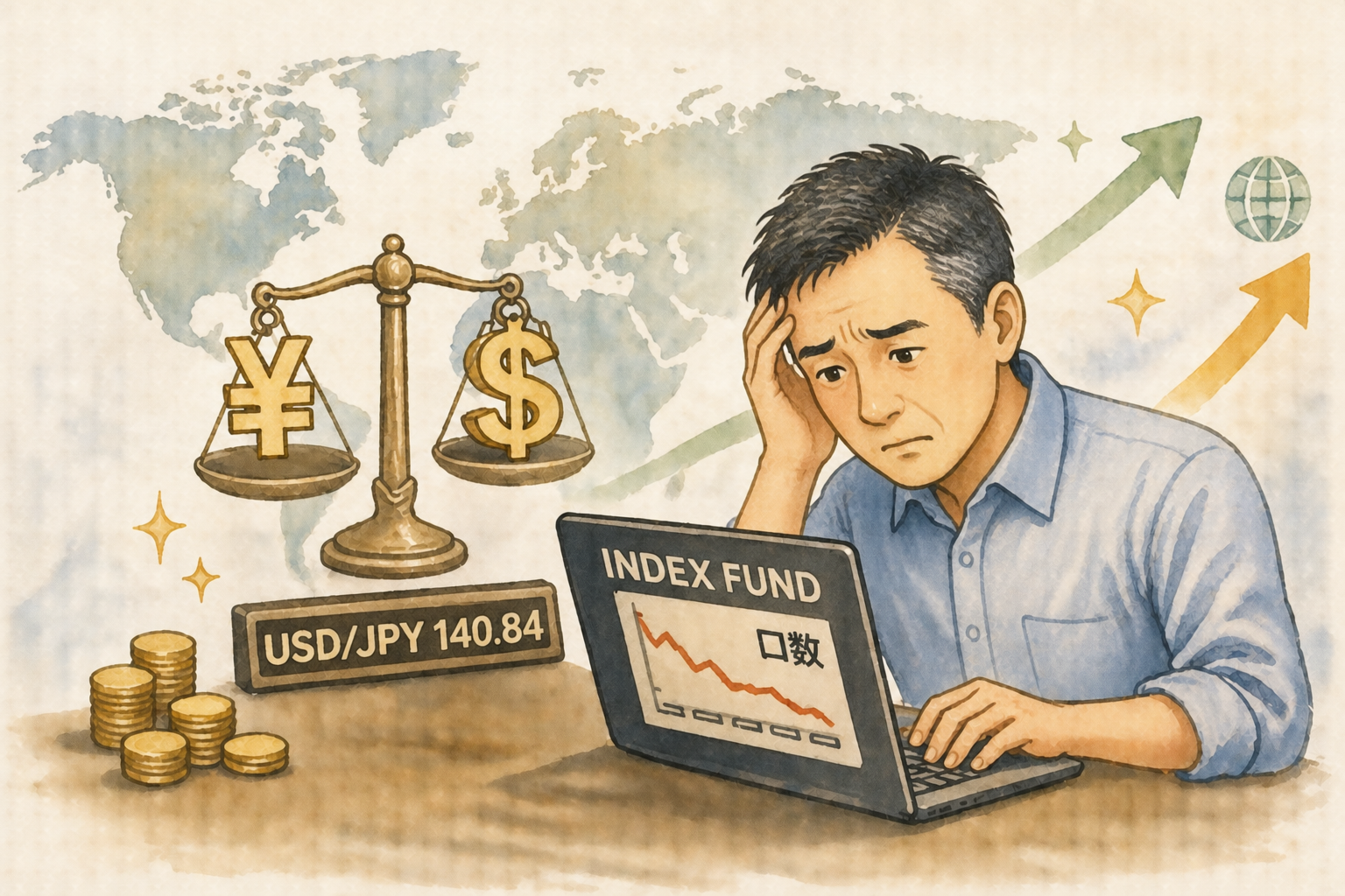 円高時に全世界株式の投資信託の口数が思ったほど増えず、理由を確認する50代男性のイラスト
