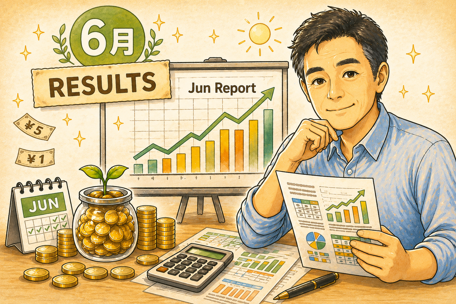 2026年6月のNISA運用記録として、日経平均の上昇を見ながら自分のペースで投資を続ける50代男性のイラスト