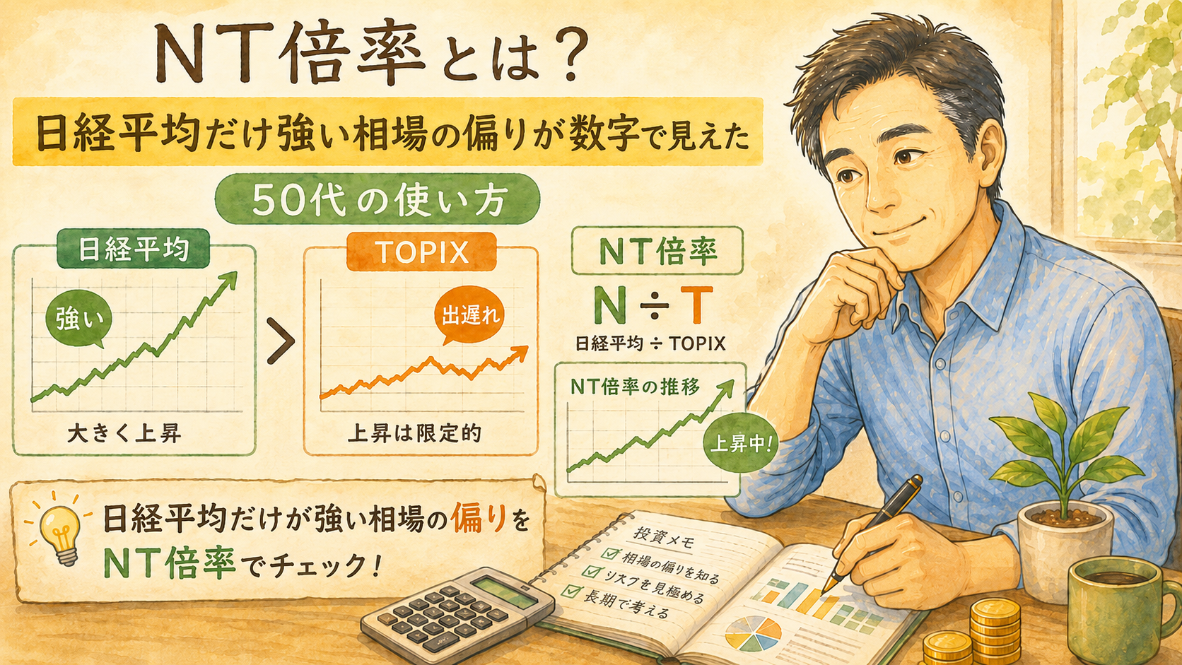 NT倍率を使って日経平均とTOPIXの強さの違いを確認する50代男性のイラスト