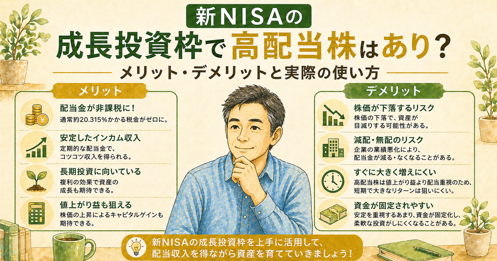 新NISAの成長投資枠で高配当株に投資するメリット・デメリットを50代向けにまとめた図解