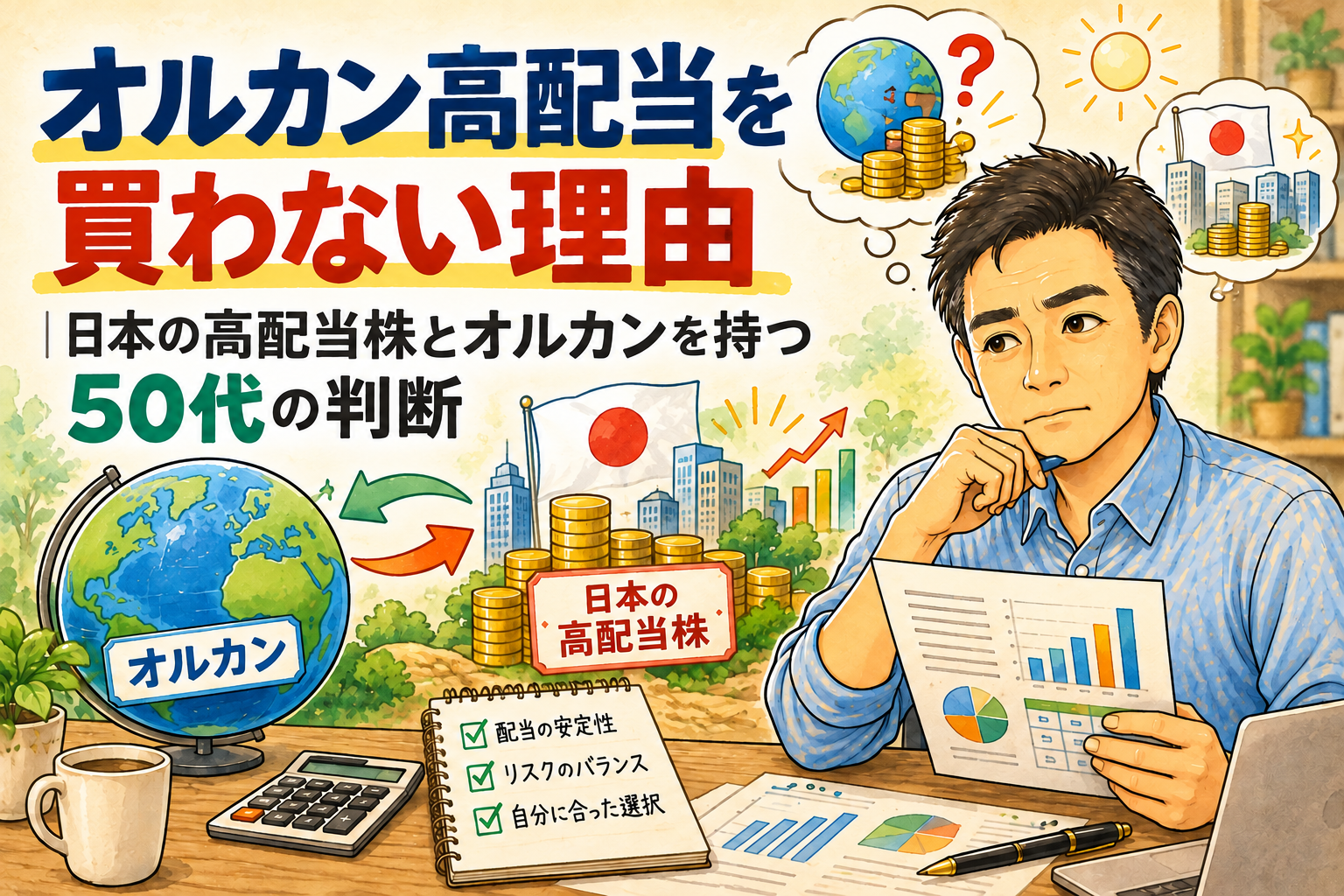 オルカン高配当を買わない理由を、日本の高配当株とオルカンの違いから考える50代男性のイラスト
